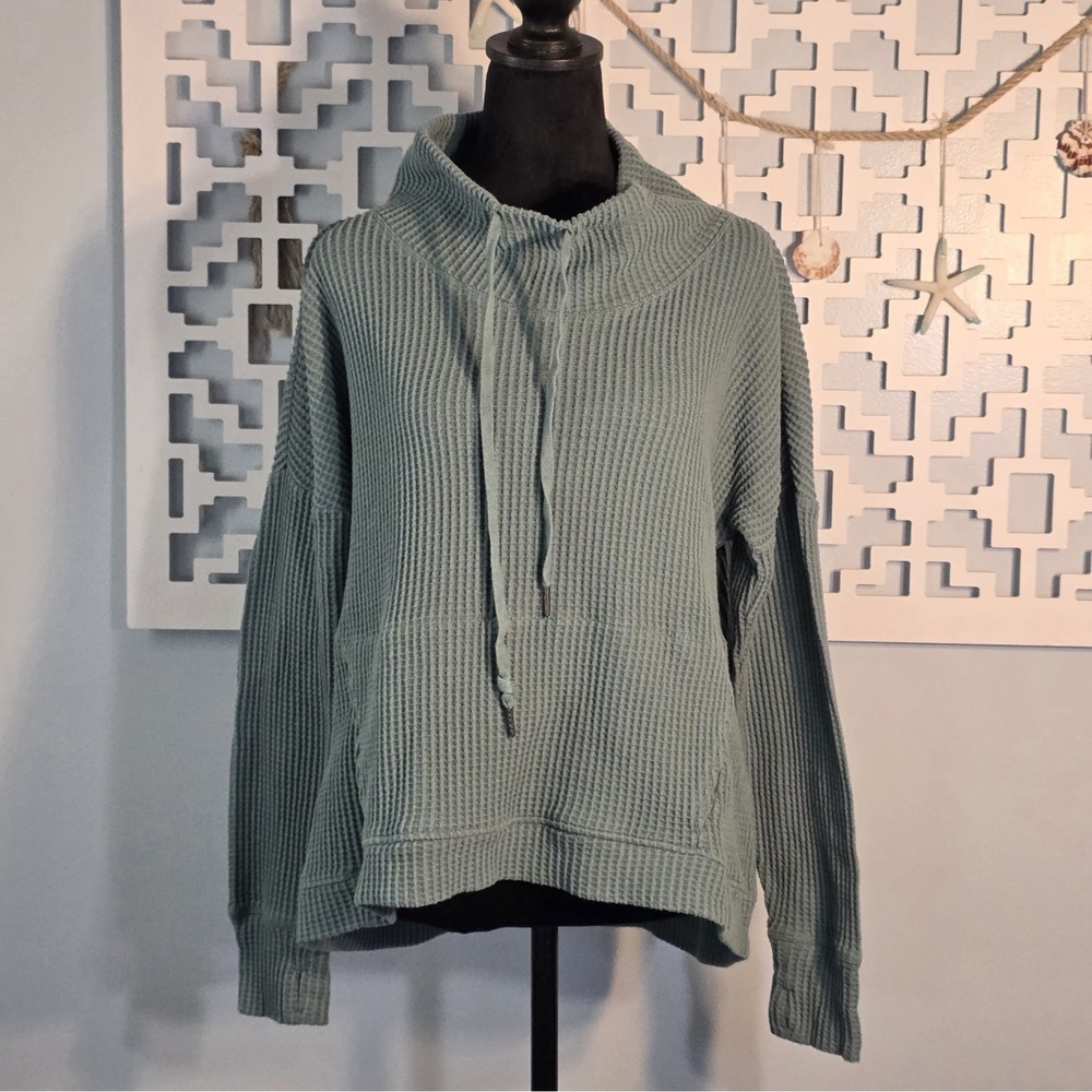 North River Waffle Knit Pullover Hoodie L Green Atlantic Cotton Blend Cozy